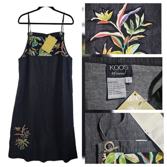 Koos OF Course! Denim Jumper Dress Sz L New W/Pockets Y2K Artsy Boho - Picture 1 of 11